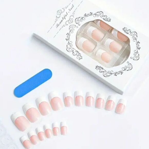 24pcs Square Press On Nails Silver French Fake Nails - Picture 5 of 8